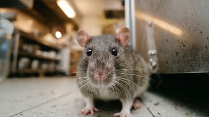Curious whiskered rat explores cluttered kitchen floor, echoing World Rat Day's hidden culinary intrigue amidst stainless steel realms