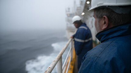Fototapeta premium Workers on misty offshore vessel braving turbulent waves, maritime endurance; International Seafarers' Day, marine conservation