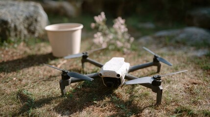 A vigilant garden drone nestled against autumn flora, tech meets nature, echoing futurist folklore and Earth Day reveries