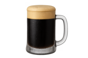Dark beer mug with creamy foam showing refreshing alcoholic beverage on transparent background