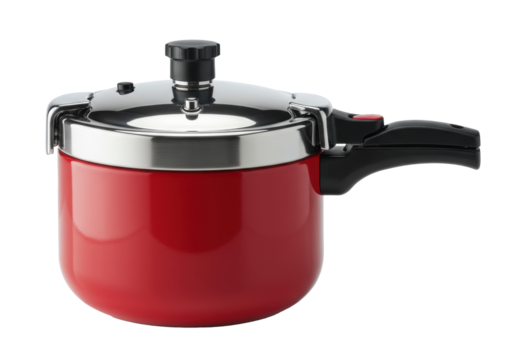 Modern crimson red pressure cooker with a reflective steel lid on a transparent background in a studio setting. Concept for modern kitchen appliance advertising