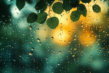 Raindrops on glass with blurred green leaves and warm sunset glow behind