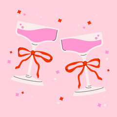 Coquette martini cocktails. Abstract alcohol drinks with ribbon and bow cute girly design for Valentines day, trendy whimsical feminine two party wine glasses. Vector flat illustration