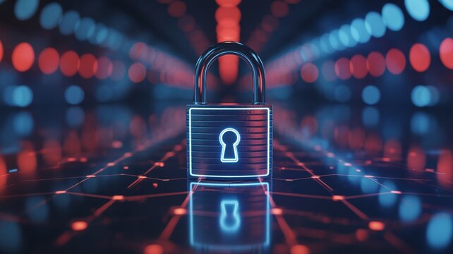 Cybersecurity padlock with digital glowing effect for secure data - Powered by Adobe