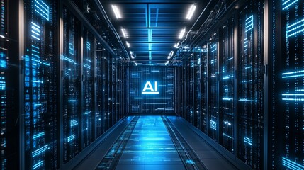Explore cutting-edge AI technology in a glowing server room, perfect for tech innovation and digital transformation campaigns
