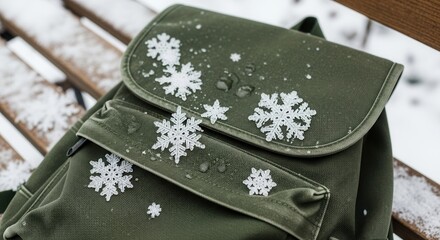 Green backpack with snowflakes on bench in winter close-up