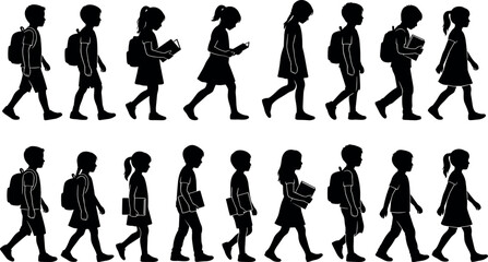 School children walking, silhouette, backpacks, books, daily routine, vector, black graphic, education, student motion - flavector