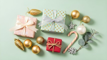 Christmas Holiday Flat Lay with Pastel Gifts, Gold Ornaments, and Candy Cane on Mint Background