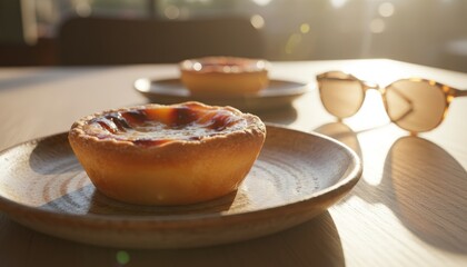 Delicious Portuguese egg tart with a caramelized custard filling sits on a rustic plate in a cafe, bathed in warm afternoon sunlight with sunglasses nearby