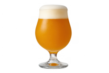 Craft beer glass full of golden amber ale, bubbling with white foam, refreshing beverage on transparent background