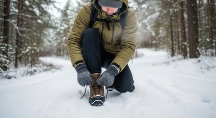 Man tying hiking boot in snowy winter forest
