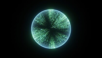 Glowing green sphere filled with thousands of luminous particles radiating from a central core in a mysterious, futuristic digital concept of energy or data