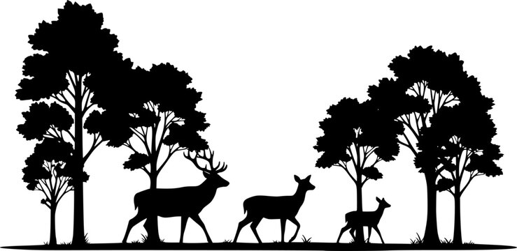 Silhouette of deer family with trees in a forest on a white background
