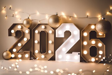 Sparkling Celebration: Festive 2026 Decor with Illuminated Numbers and Golden Ornaments Welcoming a Bright Year