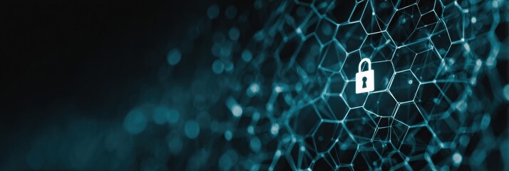 Digital Representation of Data Security With a Padlock Symbol on a Connected Network Grid at Night