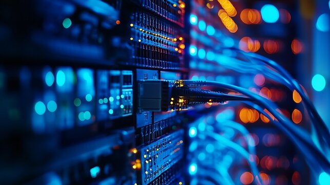 Modern data center with vibrant blue lights and connecting cables for high speed internet connectivity and powerful networking solutions worldwide - Powered by Adobe