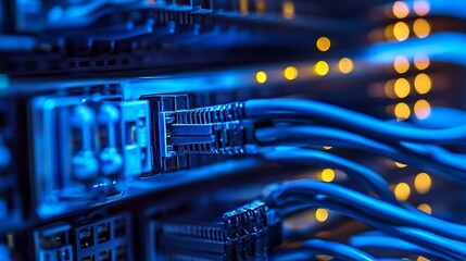 Secure network cables connect to data center server for reliable internet access and fast communication speeds in a modern technology infrastructure