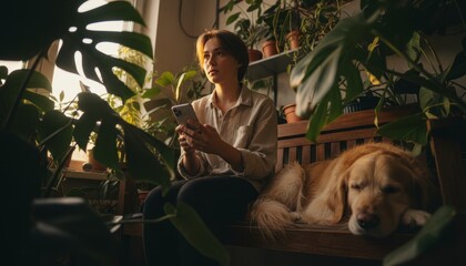 Thoughtful young woman holding a smartphone sits with her sleeping dog on a wooden bench in a cozy, plant-filled room with warm, natural sunlight