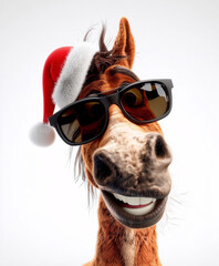 Horse wearing sunglasses and a Santa hat with a big smile, celebrating the holiday season during winter time