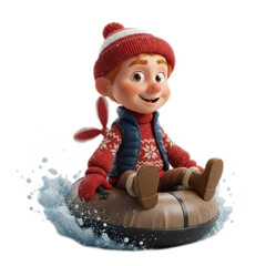 Child enjoying winter fun on a sled in a snowy landscape during daylight hours