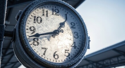 Frost-covered clock at train station on cold winter morning