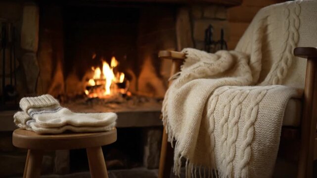 Cozy fireplace with warm knitted socks and a soft blanket on a chair