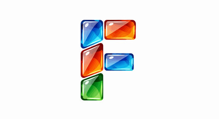 Abstract letter F made of colorful glossy rectangular blocks.