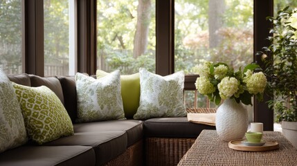 Living room with a large window that offers a view of trees and greenery outside. the window is made of wood and has multiple panes of glass, allowing natural light to enter the room.