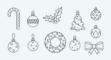 Christmas Holiday Ornaments and Decorations Doodle Line Art Set.