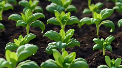 A close-up view of fresh green plants growing in rich soil, showing nature's vitality Stock Video