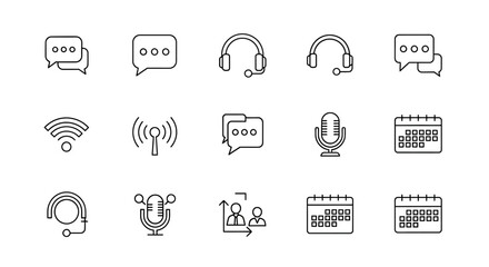 Collection of communication and technology line icons for digital interfaces.