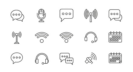 Collection of communication and technology line icons on a white background.