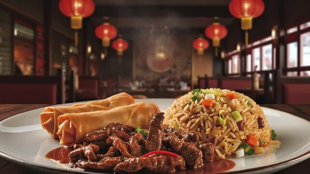 Cinematic Food Video of Traditional Chinese Restaurant Meal with Spring Rolls, Beef Strips, and Fried Rice