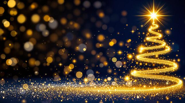 Weihnachtsbaum aus goldenem Licht mit Bokeh und Sternen auf dunklem Hintergrund
