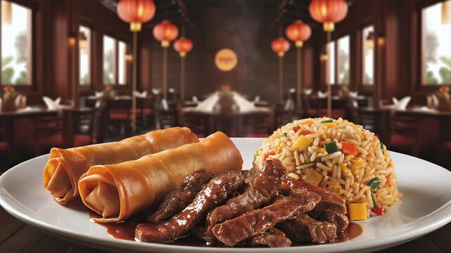 Cinematic Food Video of Traditional Chinese Restaurant Meal with Spring Rolls, Beef Strips, and Fried Rice