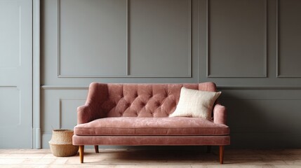 Corner of a room with a pink sofa against a gray wall. the sofa has a tufted backrest and is upholstered in a soft pink fabric. it has wooden legs and is placed against the wall with a wooden floor.