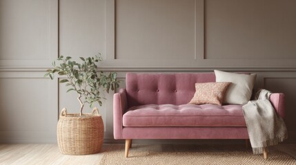 Fototapeta premium Modern living room with a pink sofa in the center. the sofa has a tufted backrest and is upholstered in a soft pink fabric.