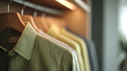Row of clothes hanging on wooden hangers in a closet. the hangers are arranged in a horizontal line and are of different colors - green, yellow, and white.