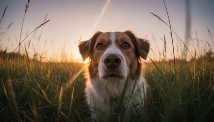 Beautiful brown and white dog with curious amber eyes looks directly at the camera while sitting in a tall grassy meadow during a warm, golden hour sunset with beautiful sun flare