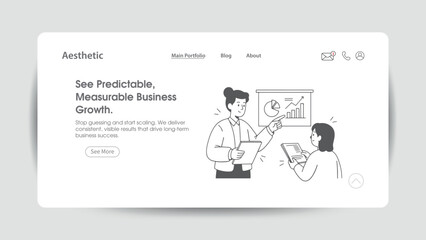 Business presentation with charts and graphs showing predictable business growth, illustrated in a modern minimalist vector style for data analysis, financial forecasting, corporate strategy