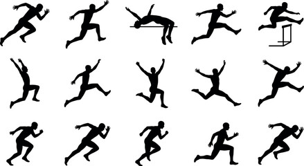Track and field silhouette collection, running, jumping, hurdling, athletic motion, black illustration, sports movement, training – flavector