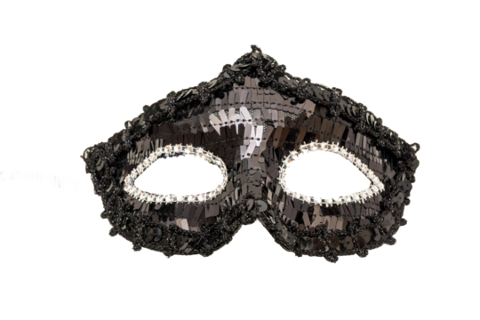 Elegant black sequin masquerade mask with decorative lace trim for events