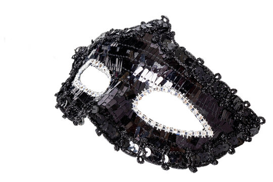 Elegant black sequin masquerade mask with intricate beading pattern