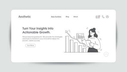 Woman analyzing growth chart with upward arrow on tablet, illustrated in a modern minimalist style for business analytics, financial growth, performance tracking, and professional success concepts