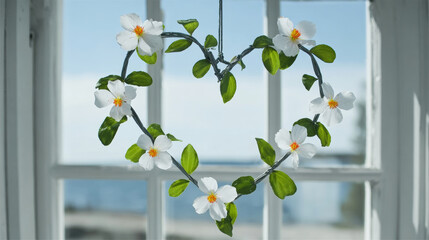 Heart shaped garland with white flowers and green leaves hanging in a window, view of ocean and blue sky beyond