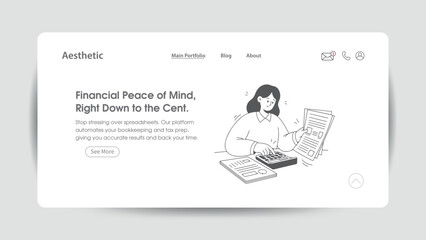 Here is a **long, SEO-optimized Adobe Stock title** for your illustration:

Woman with calculator and papers working in a minimalist website design interface, illustrated in a clean modern digital