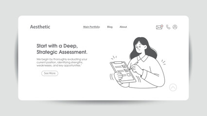 Woman with clipboard and pen conducting a strategic assessment with checklist, illustrated in a modern minimalist style for business strategy, planning, analysis, and professional workflow concepts