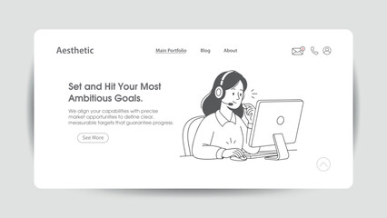Woman with headset working on computer in a minimalist website design interface, illustrated in a clean modern digital style for customer support, remote work, tech, and online business concepts