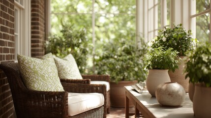 Fototapeta premium Cozy outdoor living space with a large window on the right side. the window is covered with white curtains and has a view of trees and greenery outside.