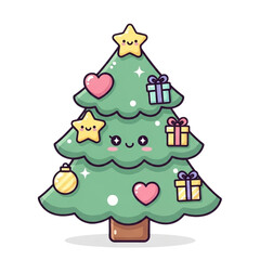 Fototapeta premium Adorable Christmas tree with kawaii face, stars, hearts, and presents brings playful holiday cheer and delightful seasonal spirit to your designs
